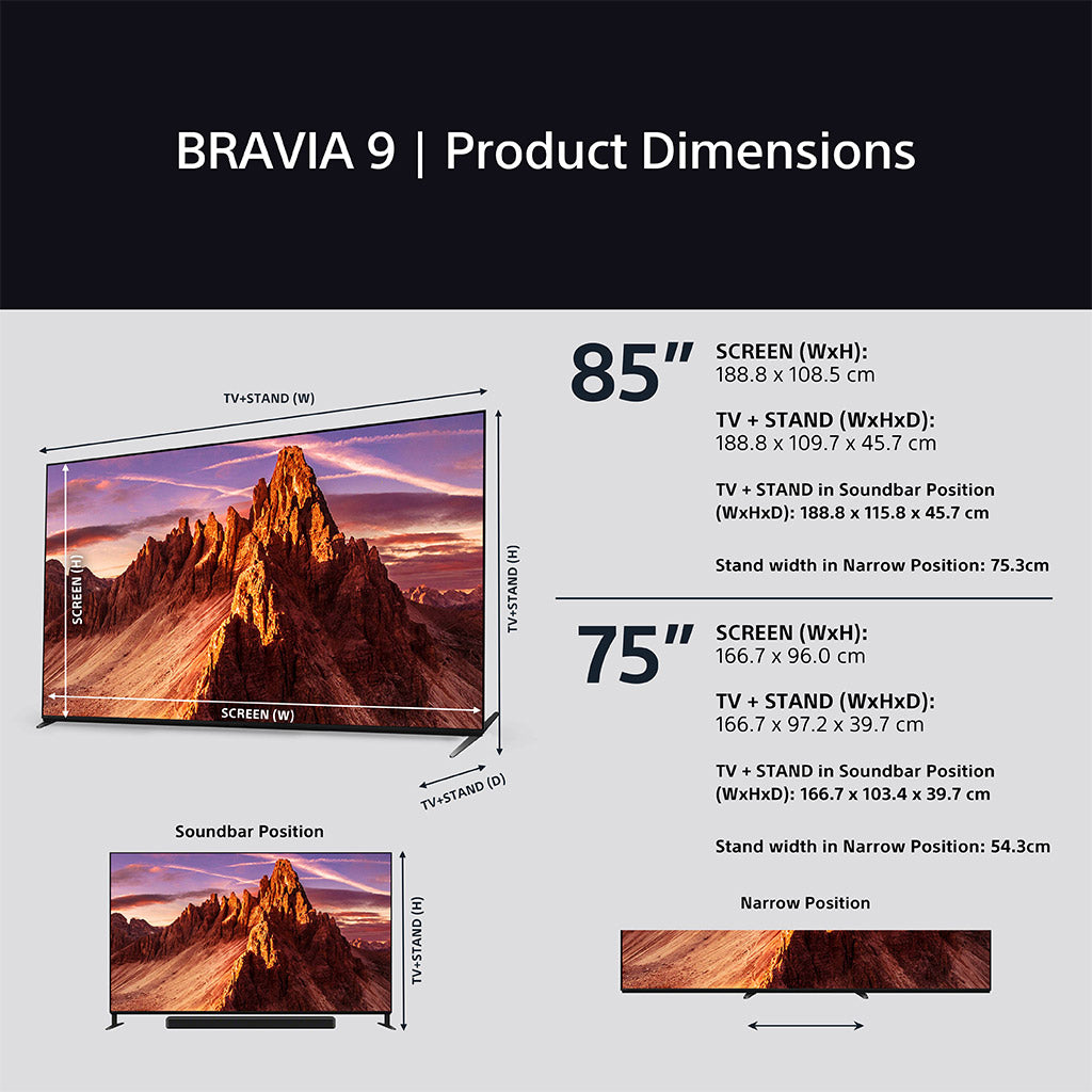 Televisores de SONY, BRAVIA series 8XK y 9XK K75XR90PU dimensions spatial